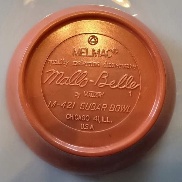Vintage MCM Coral Melmac Mallo-Belle Mallory M-421 Sugar Bowl and M-422 Creamer - Picture 5 of 9